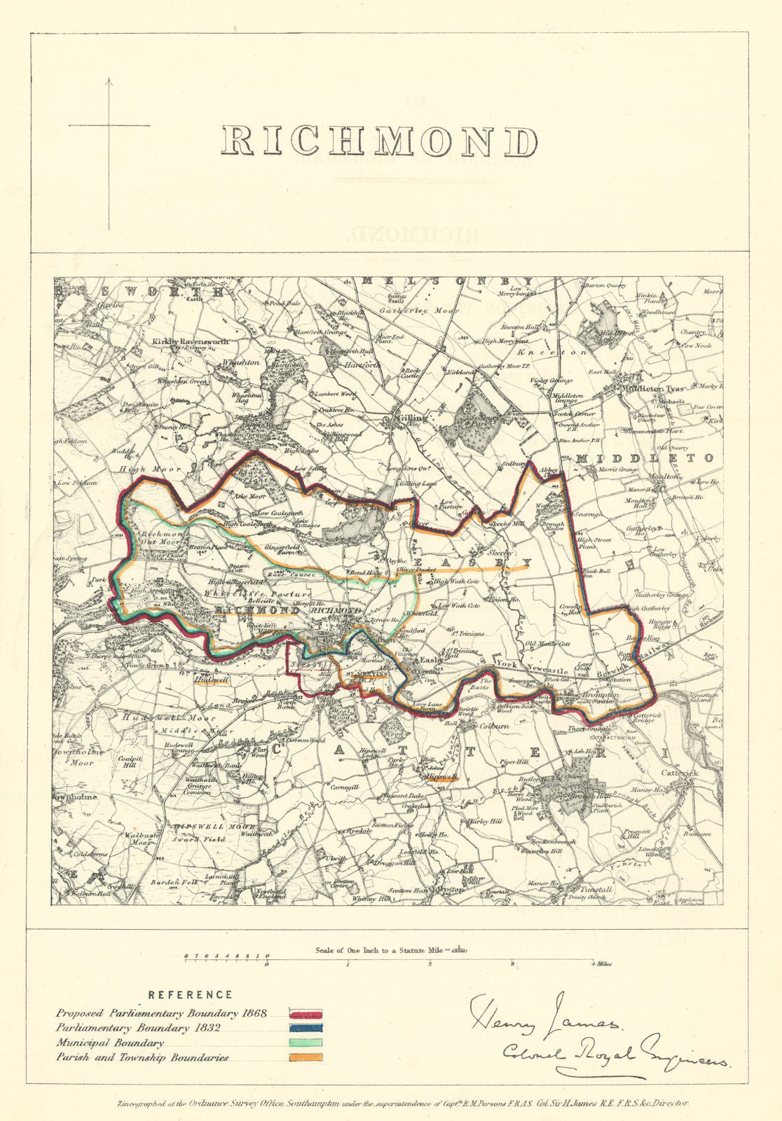 Richmond, Yorkshire. JAMES. Parliamentary Boundary Commission 1868 old map